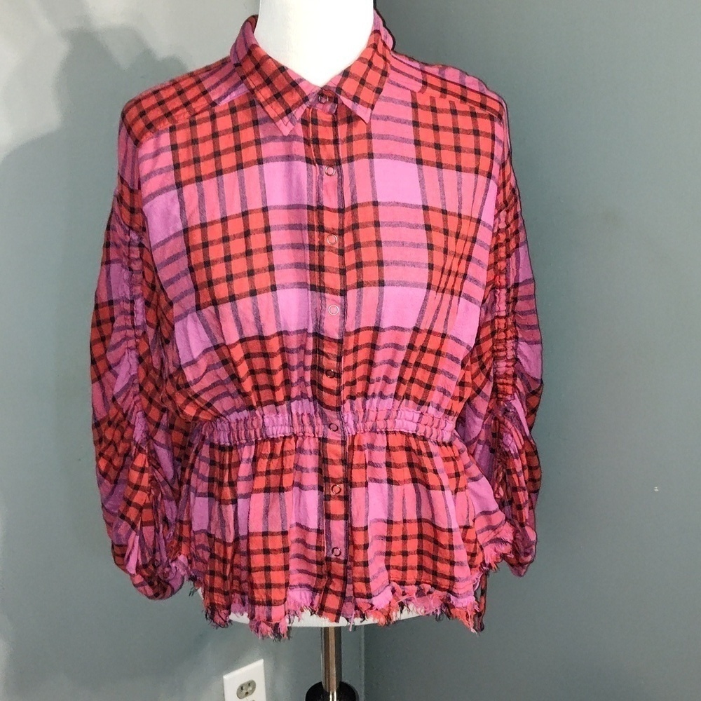 Free People Pacific Dawn Drawstring Plaid Shirt size medium with raw him